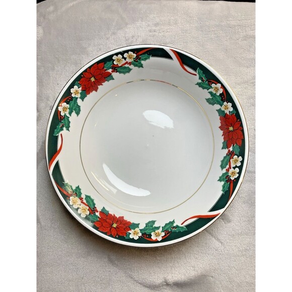 VTG Set of 2 Tienshan 9.5" Deck The Halls Serving Bowl Christmas Poinsettia Dish - Picture 2 of 12